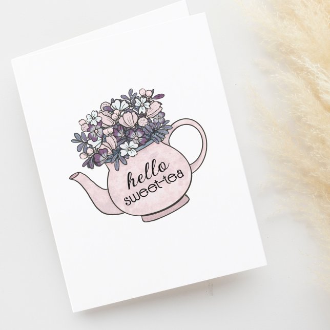 Hello Sweetie Teapot with Flowers Blank Thank You Card (Creator Uploaded)