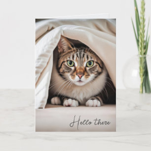 Hello Tabby Cat Under Blanket Card