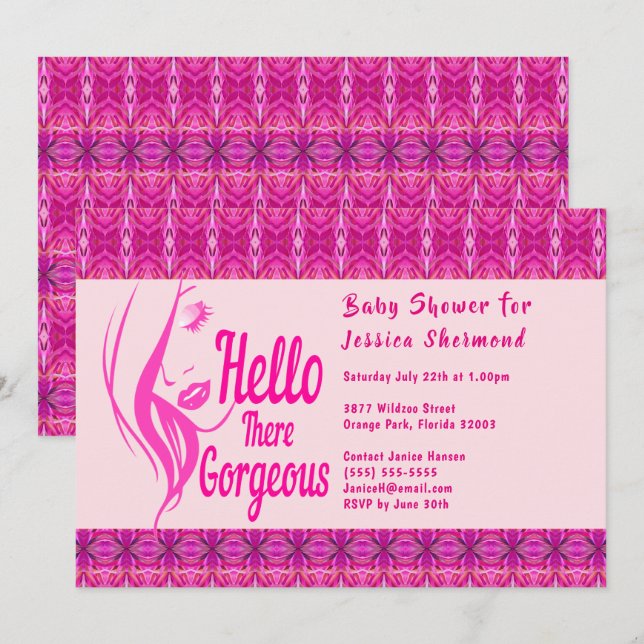 Hello There Lady Face Pink Pattern Baby Shower Invitation (Front/Back)