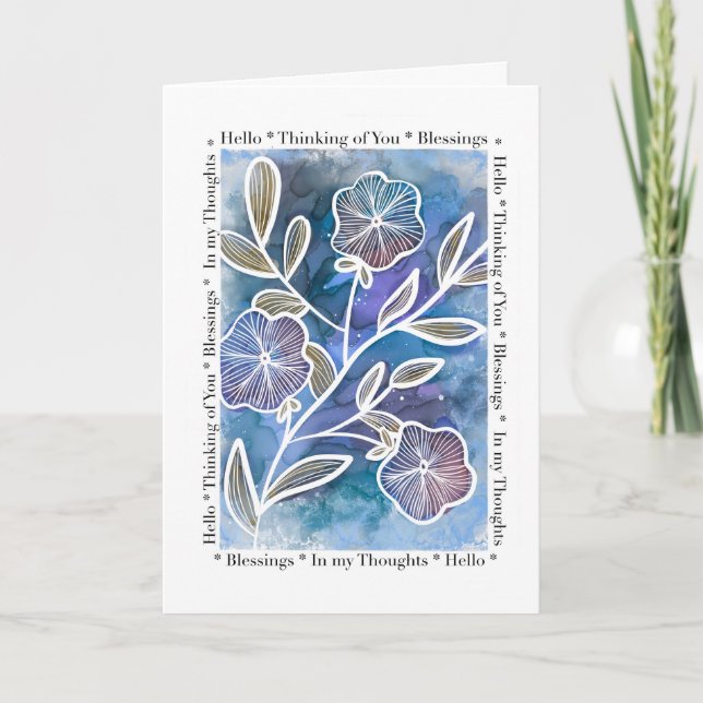 Hello Thinking of You Flowers on Alcohol Ink  Card (Front)