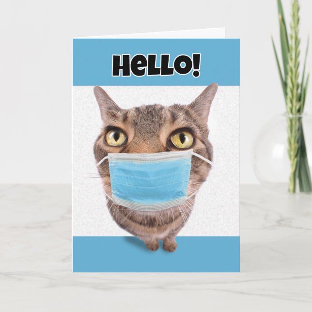 Hello Thinking of You Tabby Cat in Coronavirus Fa Holiday Card (Front)