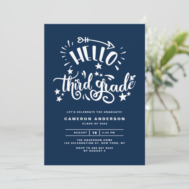 Hello Third Grade | Blue Second Grade Graduation Invitation (Standing Front)