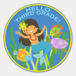 Hello Third Grade!! Cute Mermaid  Classic Round Sticker