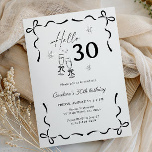 Hello Thirty 30th Birthday Elegant Black White Bow Invitation