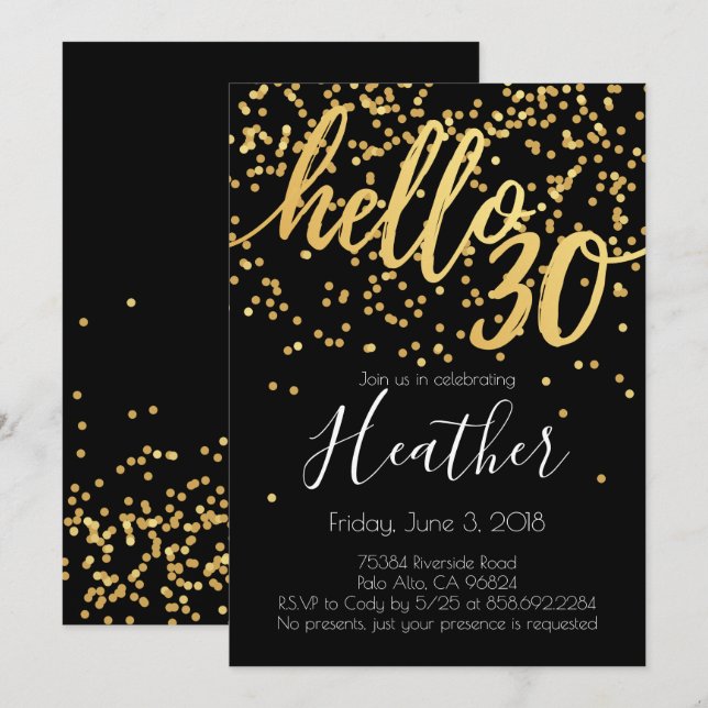 Hello Thirty 30th Birthday Gold and Black Confetti Invitation (Front/Back)