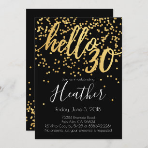 Hello Thirty 30th Birthday Gold and Black Confetti Invitation