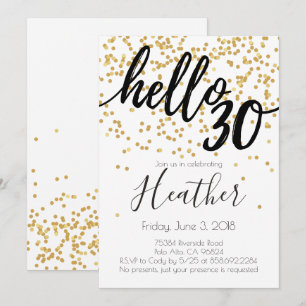Hello Thirty 30th Birthday Gold and Black Confetti Invitation