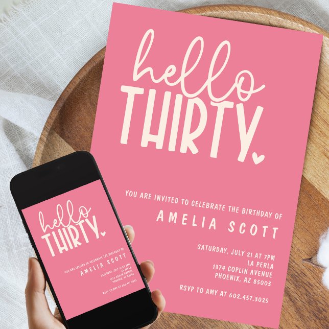 Hello Thirty 30th Birthday Modern Pink Minimal Invitation (Creator Uploaded)