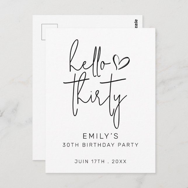 Hello Thirty Birthday Minimal Black White Modern Postcard (Front/Back)