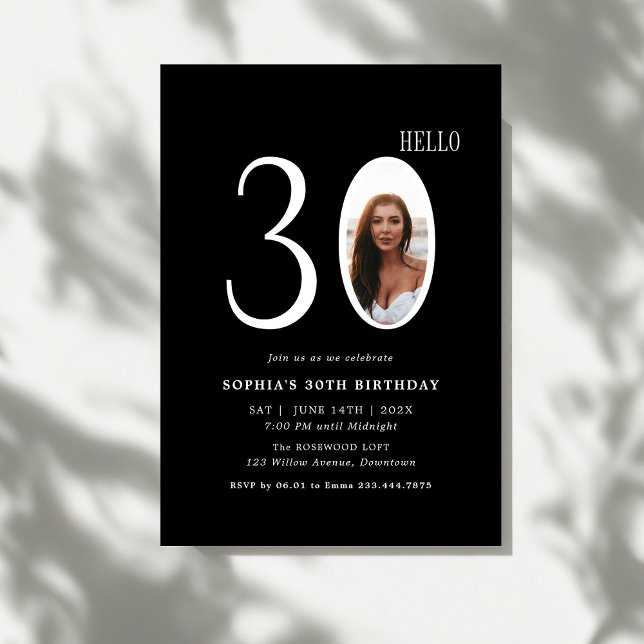 Hello Thirty Black and White Photo 30th Birthday Invitation (Creator Uploaded)