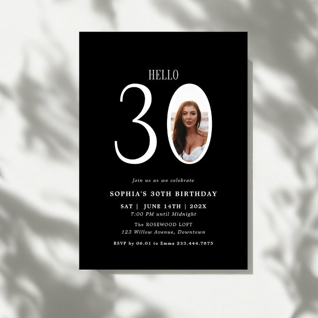 Hello Thirty Black and White Photo 30th Birthday Invitation (Creator Uploaded)