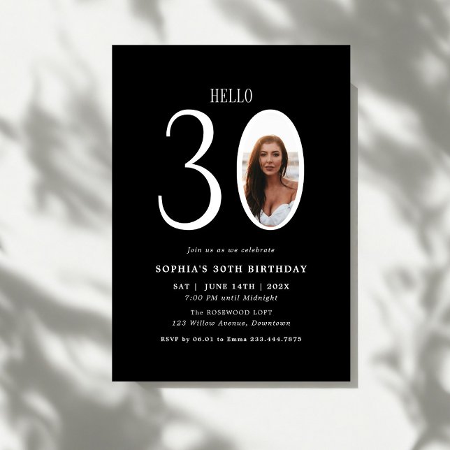 Hello Thirty Black and White Photo 30th Birthday Invitation (Creator Uploaded)