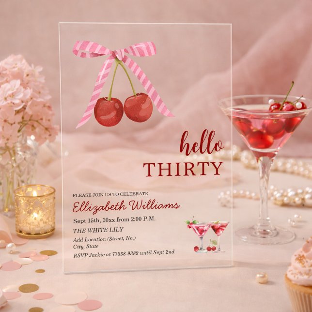 Hello Thirty Cherry Martini Birthday Party Acrylic Invitations (Creator Uploaded)
