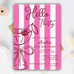 Hello Thirty Coctail 30th Birthday Pink Red Invitation