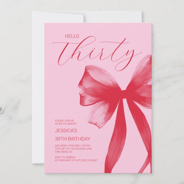 Hello Thirty Elegant Pink Bow 30th Birthday Party Invitation (Front)