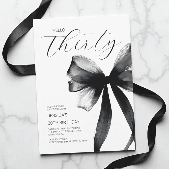Hello Thirty Elegant Script Chic Bow 30th Birthday Invitation | Zazzle