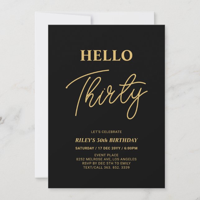 Hello Thirty | Gold & Black 30th Birthday Party Invitation (Front)