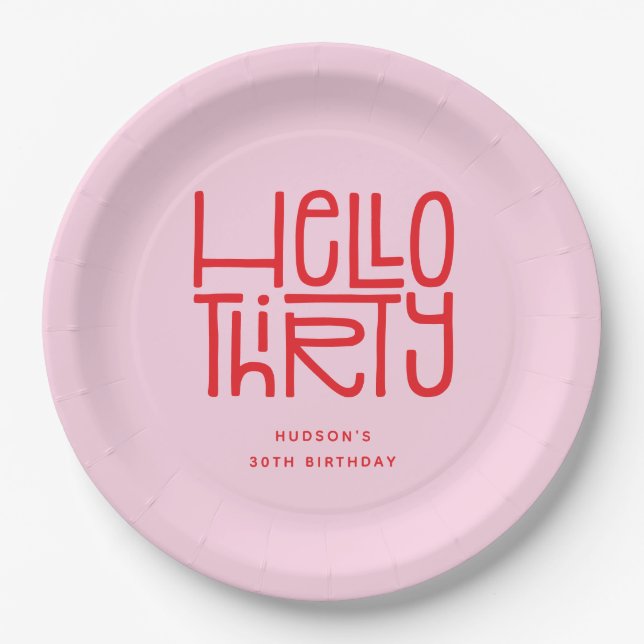 HELLO THIRTY Modern 30th Birthday Paper Plate (Front)