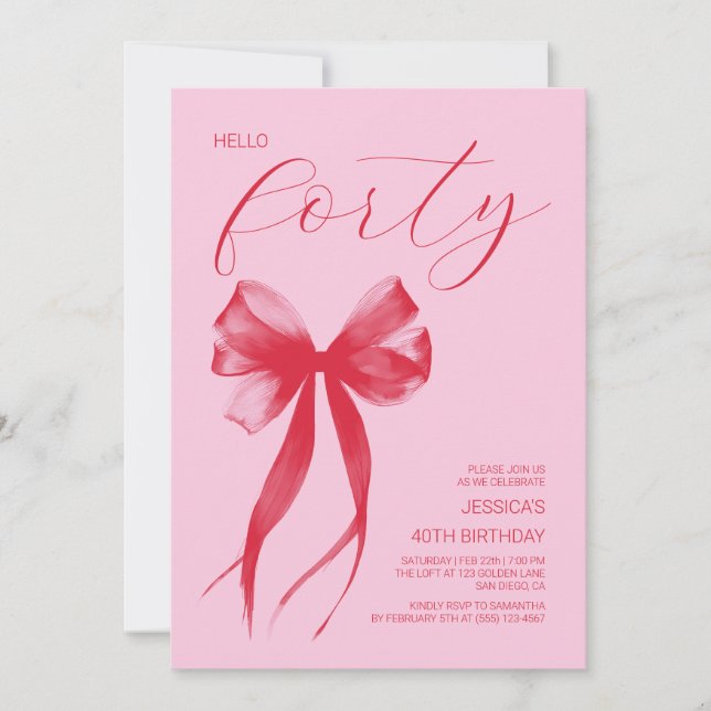 Hello Thirty Modern Bow Pink 40th Birthday Party Invitation (Front)