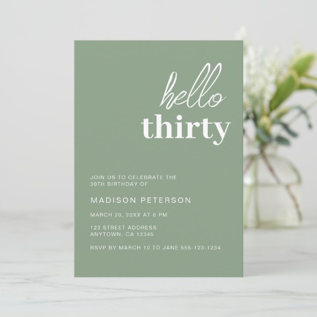 Hello Thirty Modern Sage Green Birthday Party Invitation (Standing Front)