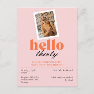 Hello thirty Peach 30th birthday retro Invitation Postcard