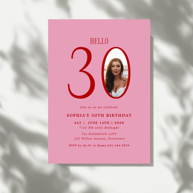 Hello Thirty Pink and Red Photo 30th Birthday Invitation (Creator Uploaded)