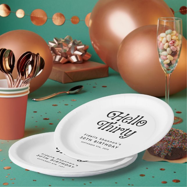 Hello Thirty Retro 30th Birthday Welcome Paper Plate (Multi)