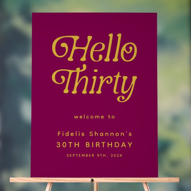 Hello Thirty Retro Wine red & gold 30th Birthday Acrylic Sign (Neutral)