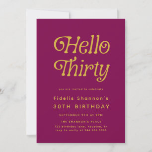 Hello Thirty Retro Wine red & gold 30th Birthday  Invitation