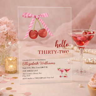 Hello Thirty Two Cherry Martini Birthday Party Acrylic Invitations