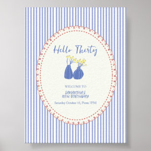 Hello Thirty Vintage Floral Stripes 30th Birthday Poster