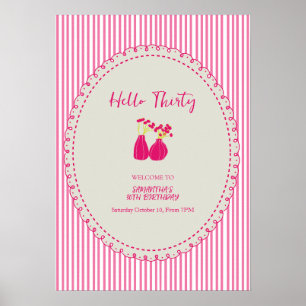 Hello Thirty Vintage Floral Stripes 30th Birthday Poster
