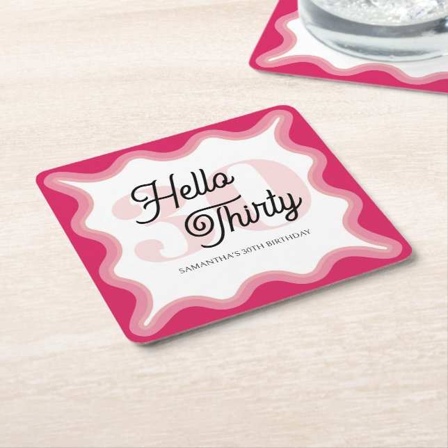 Hello Thirty Wavy Groovy 30th Birthday  Square Paper Coaster (Angled)