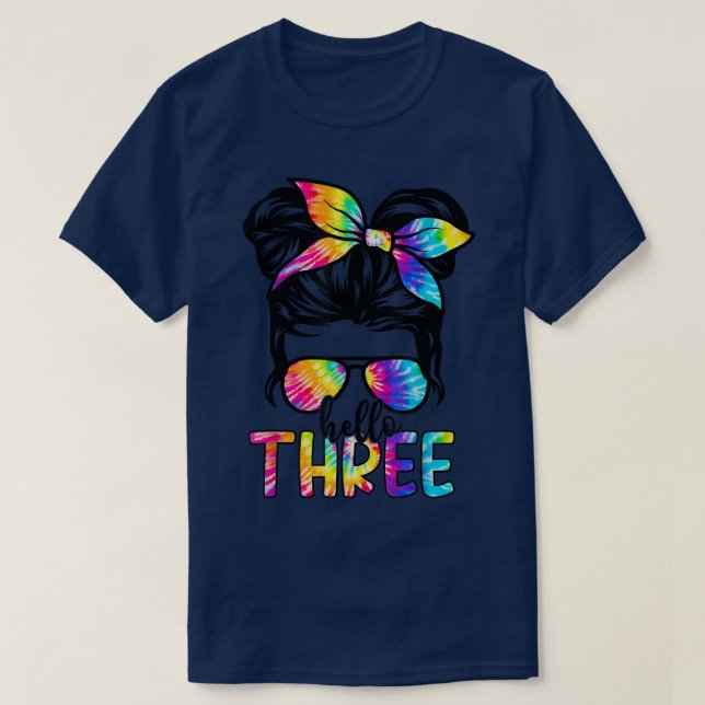 Hello Three Messy Bun I'm Three Year Old Happy Bir T-Shirt (Design Front)