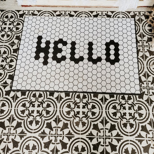 Hello Trendy Faux Tile Black and White Border Doormat (Creator Uploaded)