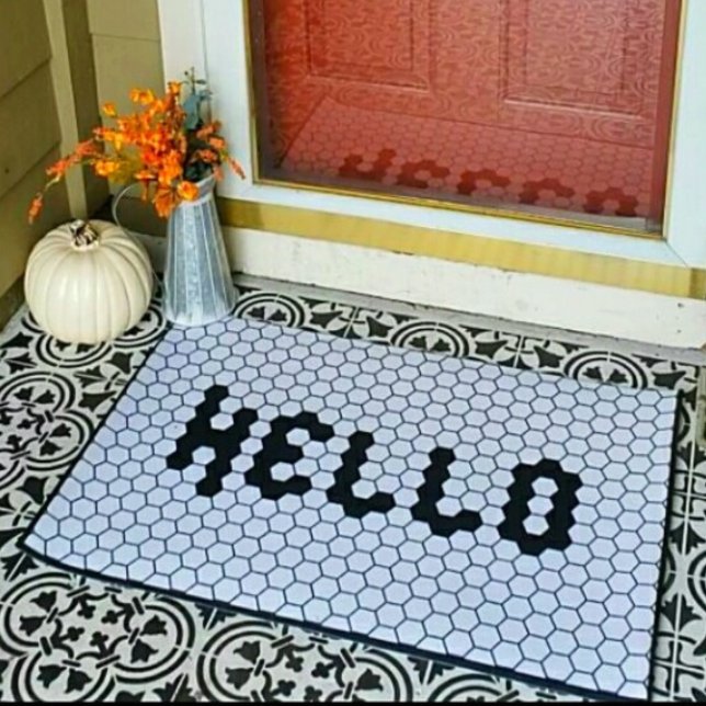Hello Trendy Faux Tile Black & White Thick Border Doormat (Creator Uploaded)