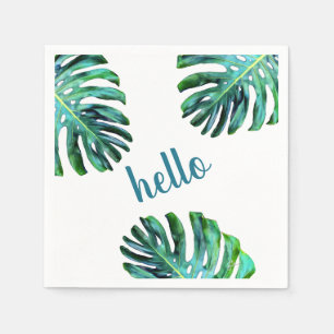 Hello Tropical Leaf Greenery Trendy Typography Napkin