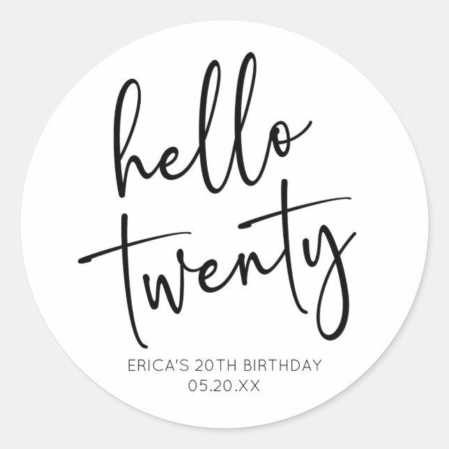 Hello Twenty Minimalist 20th Birthday Party Classic Round Sticker (Front)