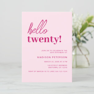 Hello Twenty Modern Blush Pink Birthday Party Invitation