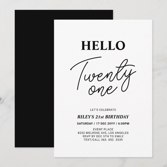 Hello Twenty one Black & White 21st Birthday Party Invitation (Front/Back)