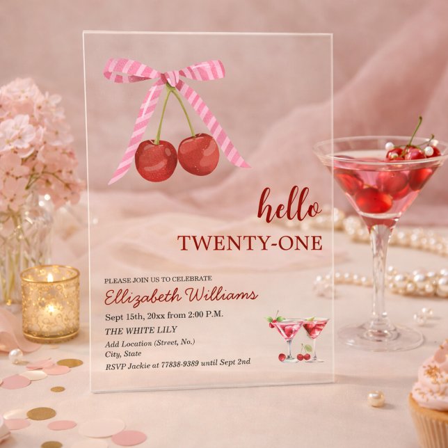 Hello Twenty One Cherry Martini Birthday Party Acrylic Invitations (Creator Uploaded)