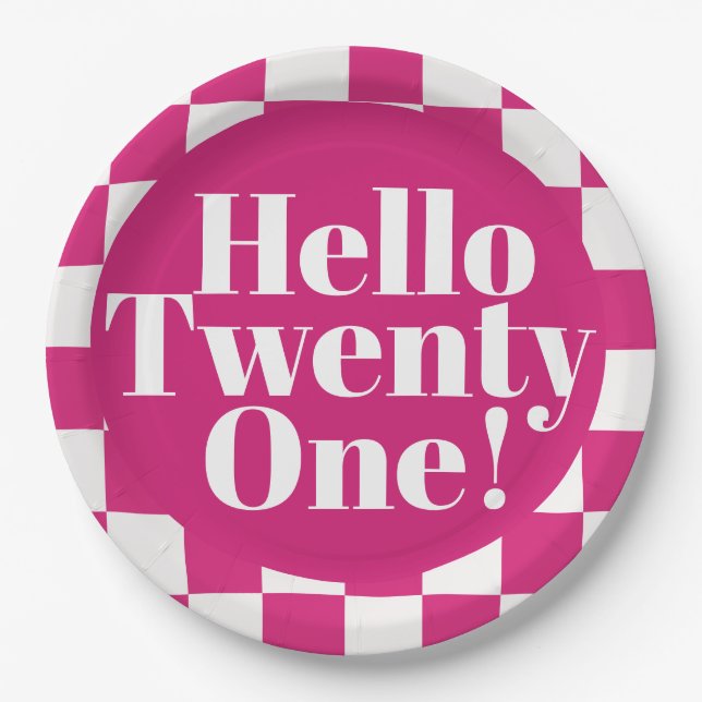Hello Twenty One Hot Pink 21st Birthday Party  Paper Plate (Front)