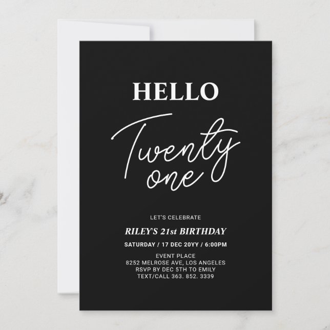 Hello Twenty one Modern Black 21st Birthday Party Invitation (Front)