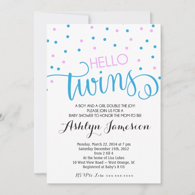 Hello Twins boy and girl Baby Shower Invitation (Front)
