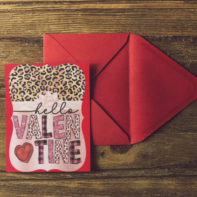 Hello Valentine Pink and Black Animal Print Holiday Card (Creator Uploaded)