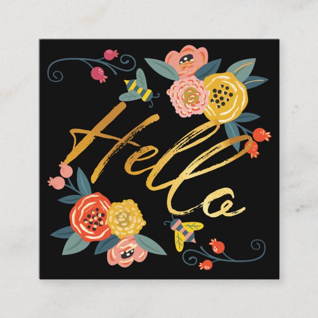Hello | Vibrant Floral Wildflowers & Honey Bee Square Business Card (Front)