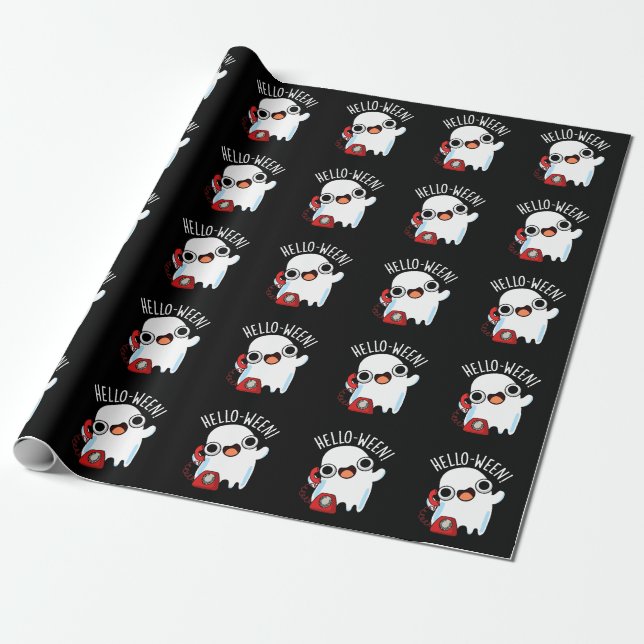 Hello-ween Funny Ghost Pun Dark BG Wrapping Paper (Unrolled)