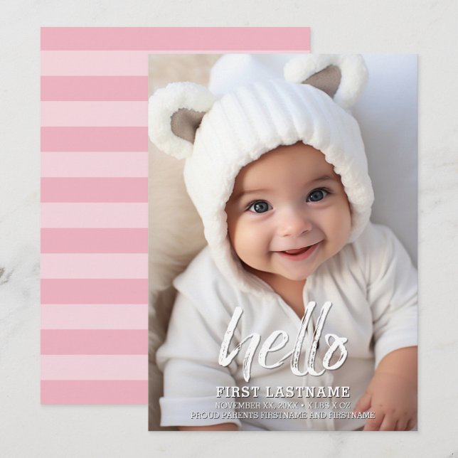Hello Whimsical brushed letters Baby Girl Photo Announcement (Front/Back)