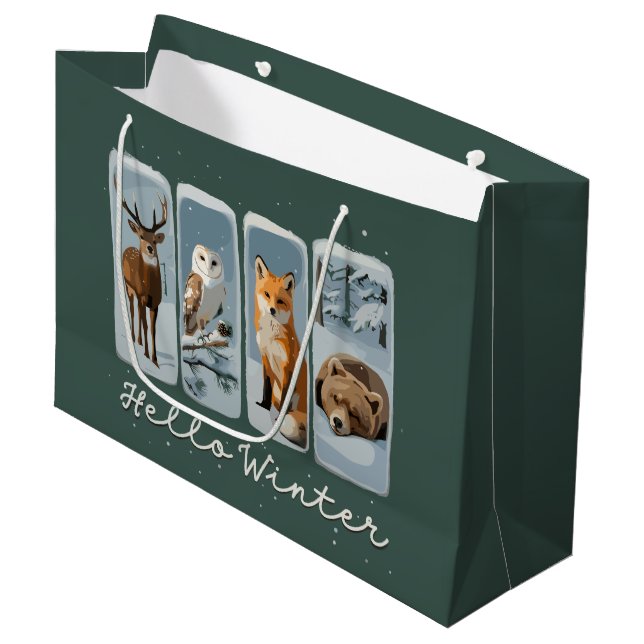Hello Winter Animals Deer Owl Fox Bear Cosy Season Large Gift Bag (Front Angled)