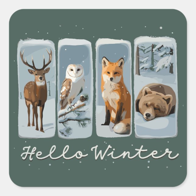Hello Winter Animals Deer Owl Fox Bear Cosy Season Square Sticker (Front)
